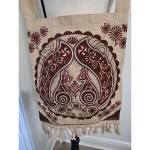COOL WovenFabric SQUIRRELS Handmade Boho Style Fringed CROSSBODY ShoulderBag EUC